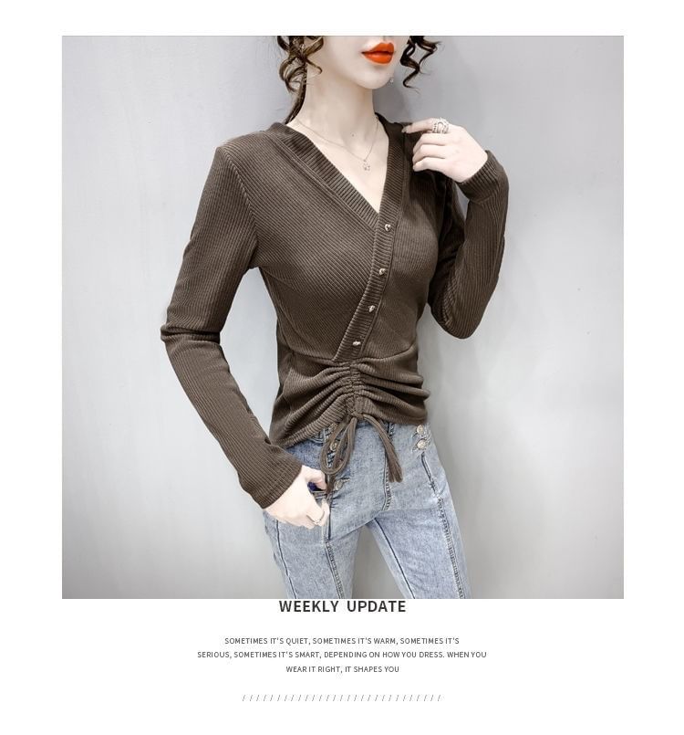 Crop V-Neck Long-Sleeve Asymmetrical Plain Top