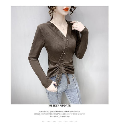 Crop V-Neck Long-Sleeve Asymmetrical Plain Top