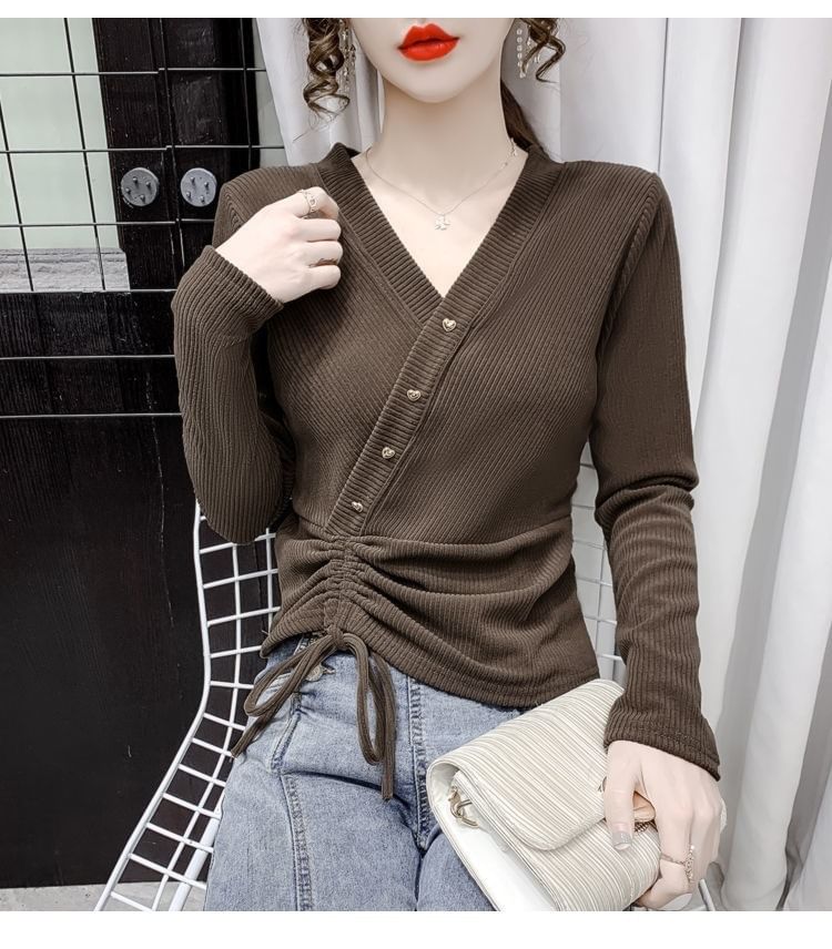 Crop V-Neck Long-Sleeve Asymmetrical Plain Top