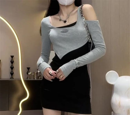 Dress Two Mock Mini Long-Sleeve Scoop Tone Neck Two-Piece Bodycon Cutout