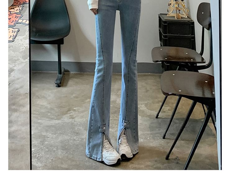Jeans High Hem Slit Waist Flared