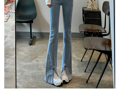 Jeans High Hem Slit Waist Flared