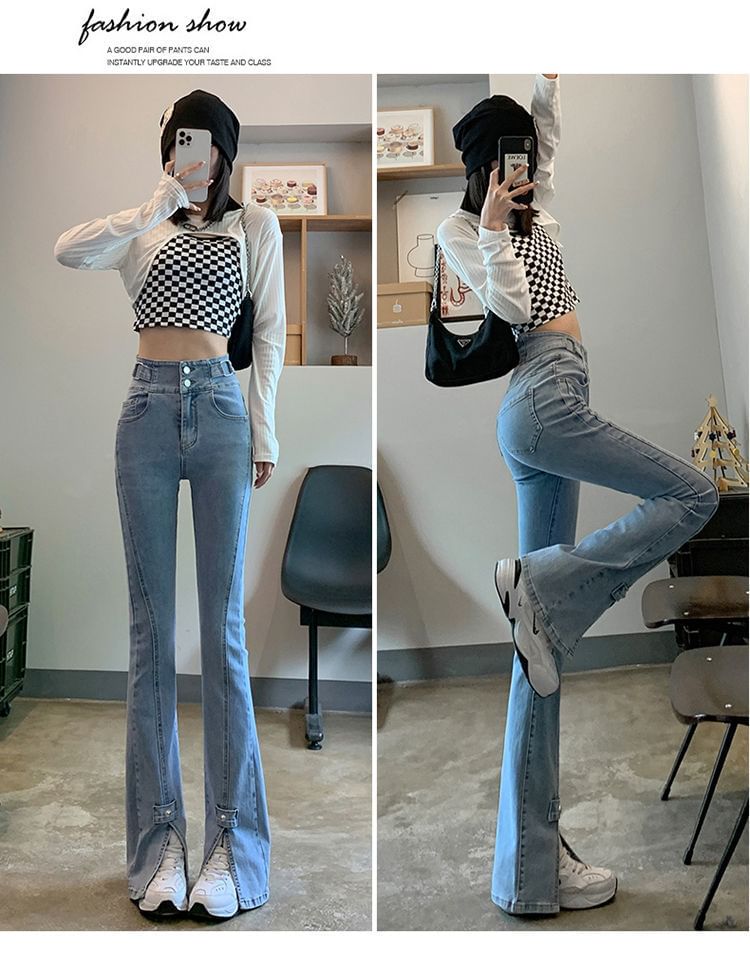 Jeans High Hem Slit Waist Flared