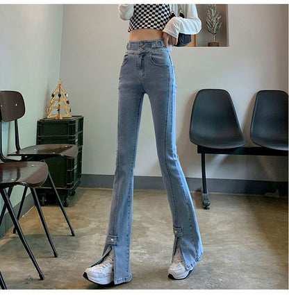 Jeans High Hem Slit Waist Flared