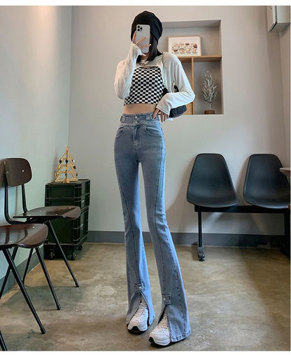 Jeans High Hem Slit Waist Flared