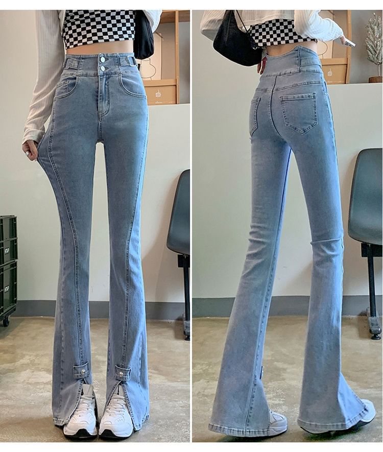 Jeans High Hem Slit Waist Flared