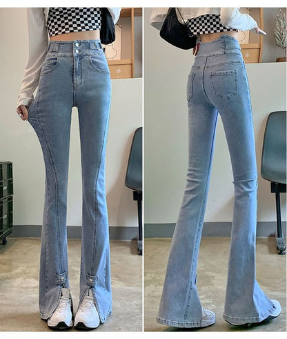 Jeans High Hem Slit Waist Flared