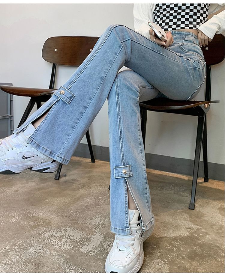 Jeans High Hem Slit Waist Flared