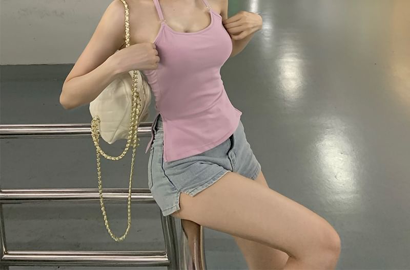 Slim Plain Top Side-Slit Scoop Neck Halter Fit