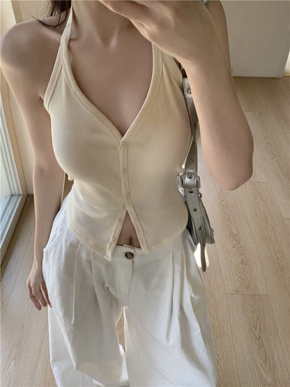 Top Button-Up Halter V-Neck Plain