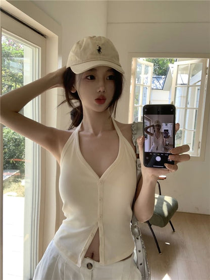 Top Button-Up Halter V-Neck Plain