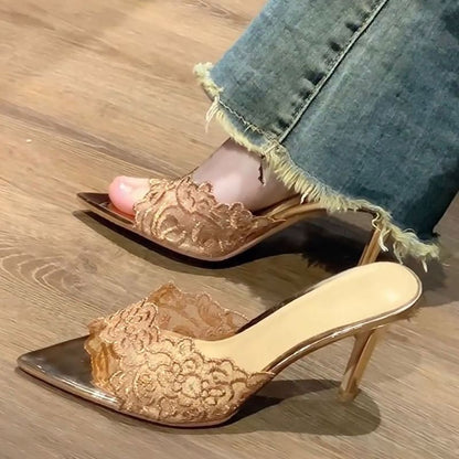 Slide Embroidered Pointy Sandals Heel Stiletto Floral