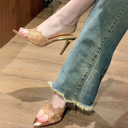 Slide Embroidered Pointy Sandals Heel Stiletto Floral