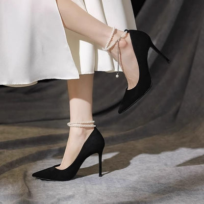 Faux Pointy Pumps Stiletto Strap Heel Pearl