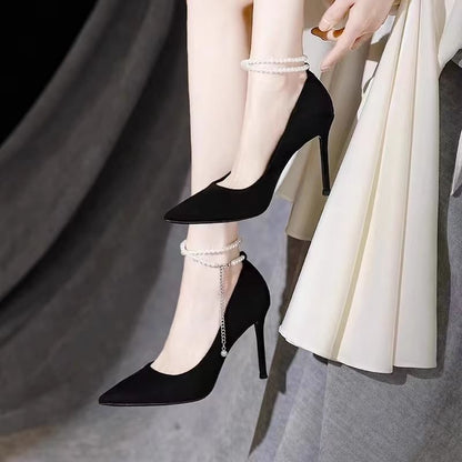 Faux Pointy Pumps Stiletto Strap Heel Pearl