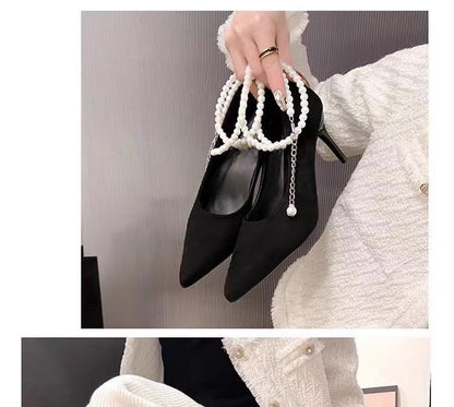 Faux Pointy Pumps Stiletto Strap Heel Pearl