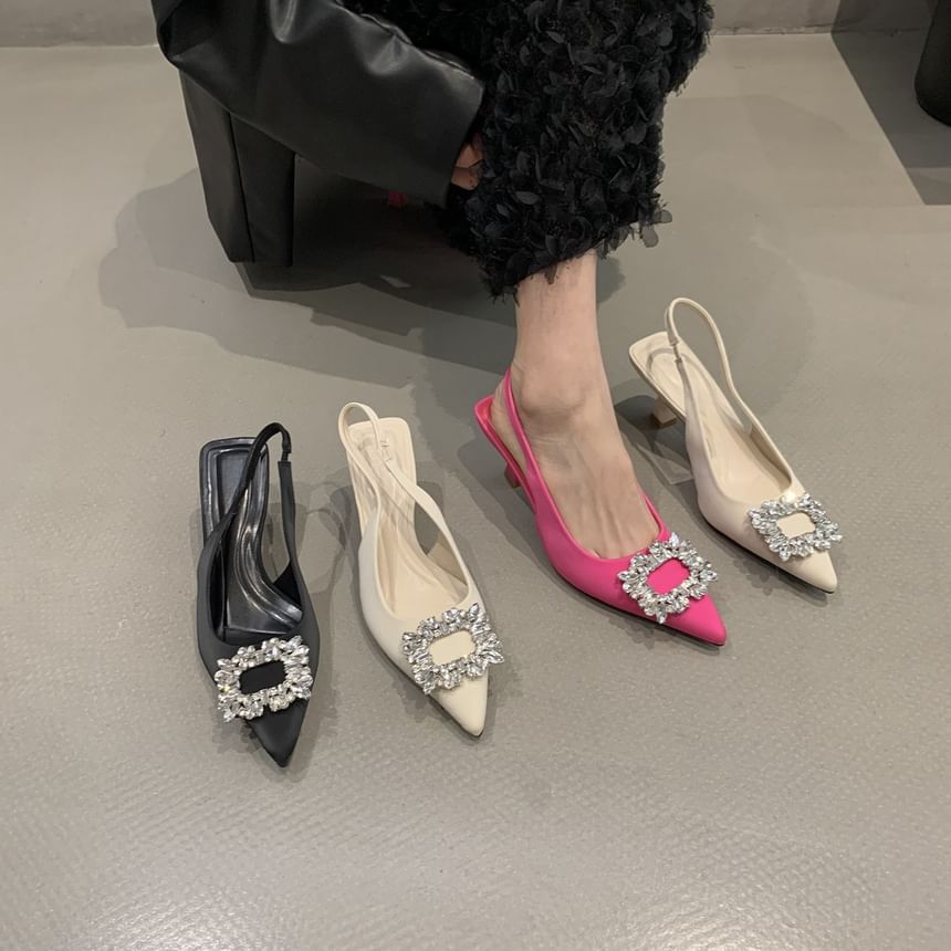 Buckle Slingback Heel Rhinestone Low Sandals