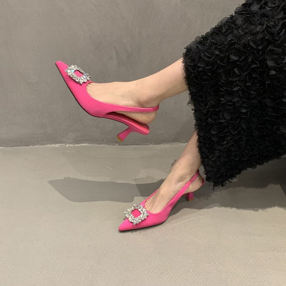 Buckle Slingback Heel Rhinestone Low Sandals