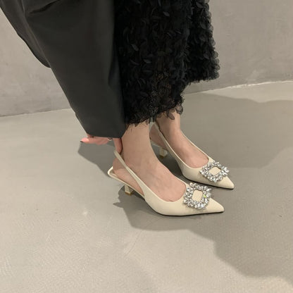 Buckle Slingback Heel Rhinestone Low Sandals