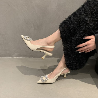 Buckle Slingback Heel Rhinestone Low Sandals