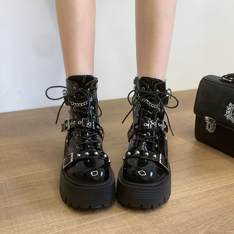 Patent Up Platform Boots Studded Buckled Leather Lace