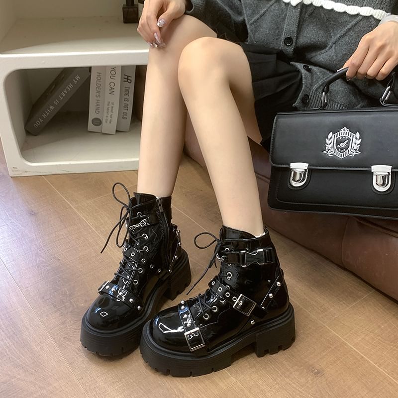 Patent Up Platform Boots Studded Buckled Leather Lace