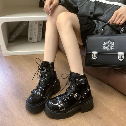 Patent Up Platform Boots Studded Buckled Leather Lace