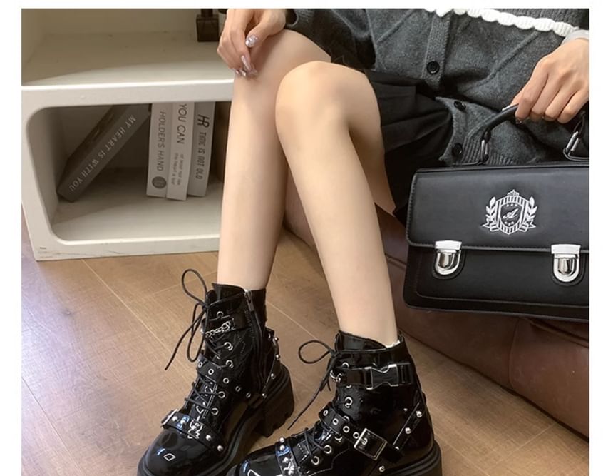 Patent Up Platform Boots Studded Buckled Leather Lace
