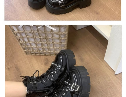 Patent Up Platform Boots Studded Buckled Leather Lace