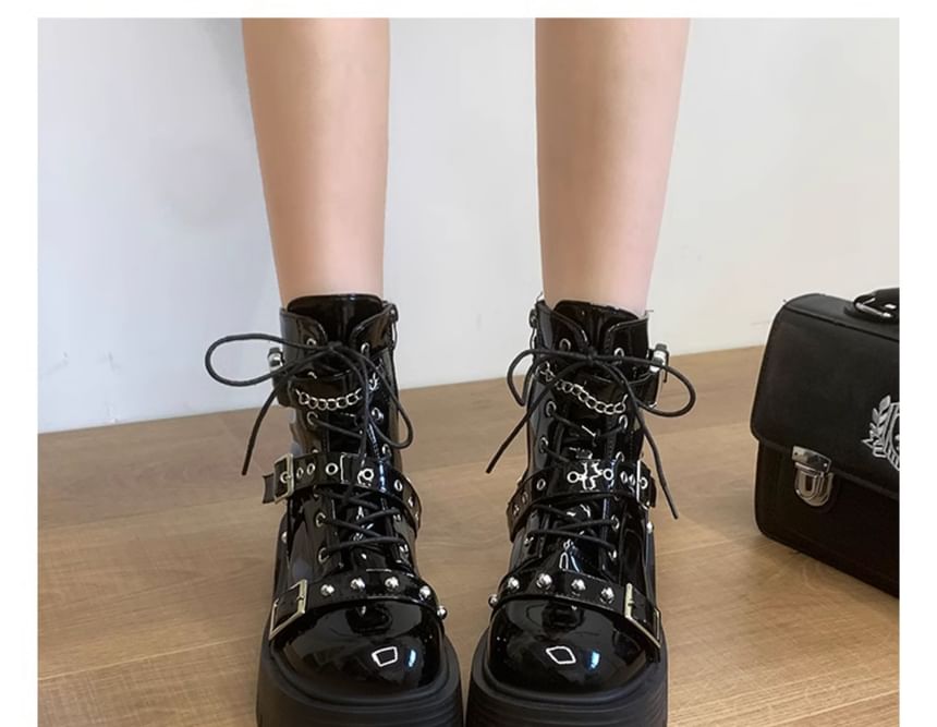 Patent Up Platform Boots Studded Buckled Leather Lace
