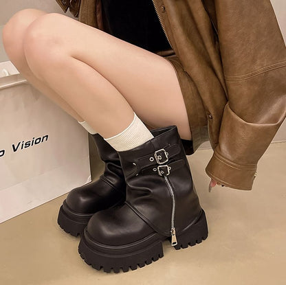 Platform Zip Buckled Panel Short Boots