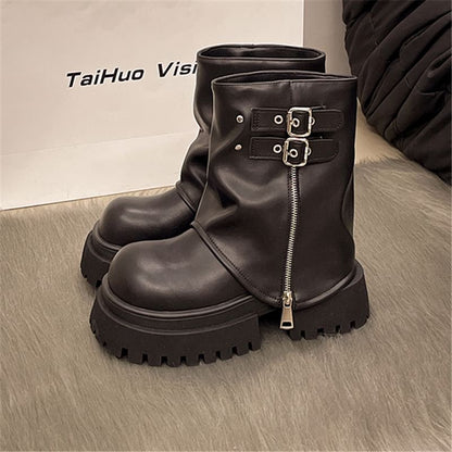 Platform Zip Buckled Panel Short Boots