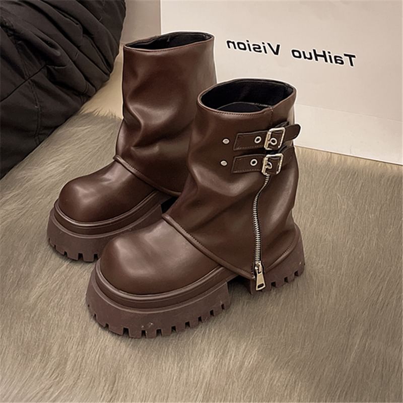Platform Zip Buckled Panel Short Boots
