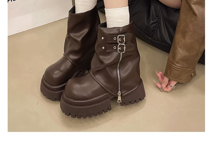 Platform Zip Buckled Panel Short Boots