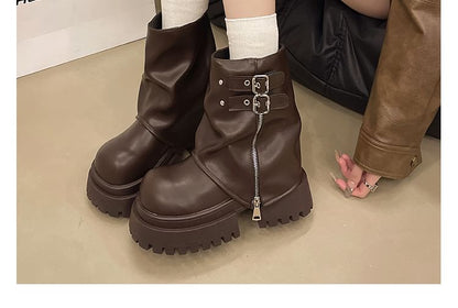 Platform Zip Buckled Panel Short Boots