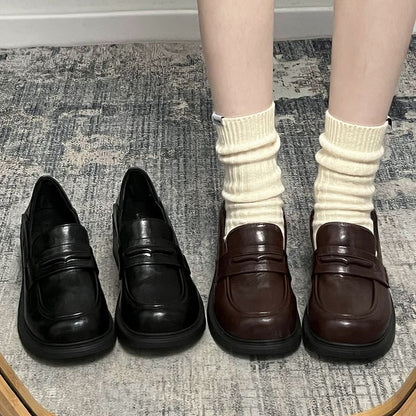 Block Faux Loafers Leather Heel