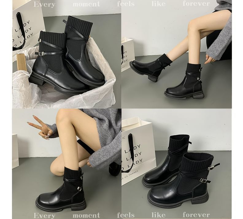 Buckled Boots Knit Panel Short Platform