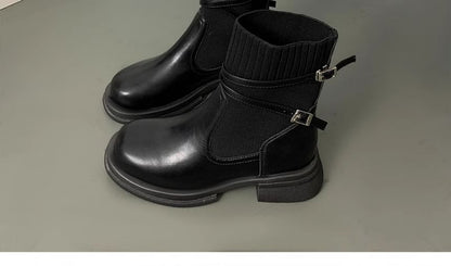Buckled Boots Knit Panel Short Platform