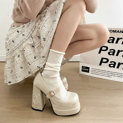 Heel Floral Mary Block Embroidered Jane Pumps Bow Platform