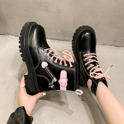 Lace Short Buckled Platform Panel Boots Up