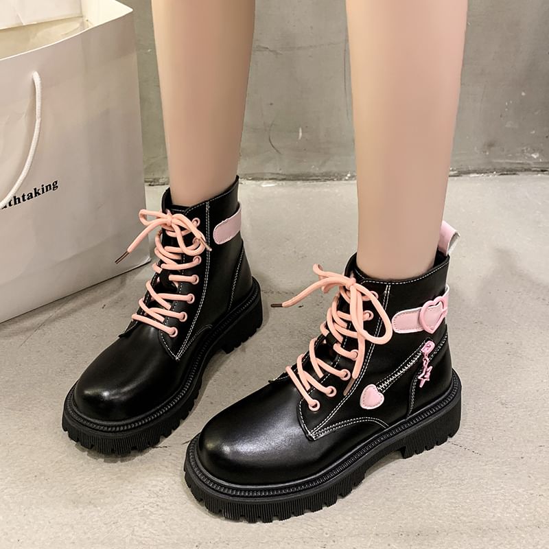 Lace Short Buckled Platform Panel Boots Up