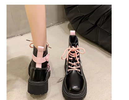 Lace Short Buckled Platform Panel Boots Up