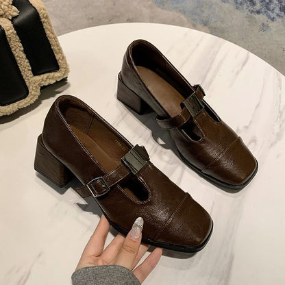 Pumps Square Block Heel Toe Cap T-Strap