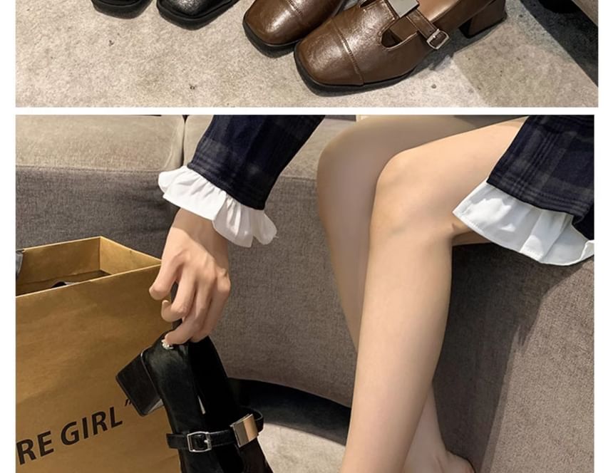 Pumps Square Block Heel Toe Cap T-Strap