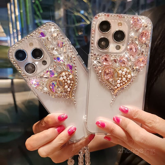 Heart Rhinestone Faux Pearl Phone Case with Strap