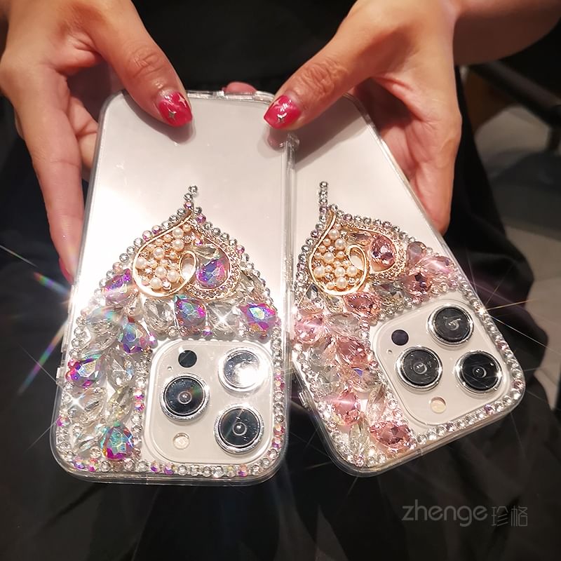 Heart Rhinestone Faux Pearl Phone Case with Strap