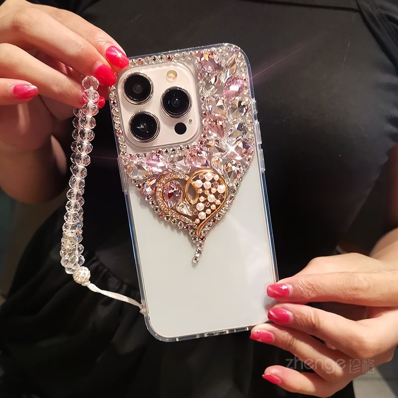Heart Rhinestone Faux Pearl Phone Case with Strap