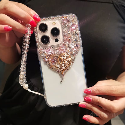 Heart Rhinestone Faux Pearl Phone Case with Strap