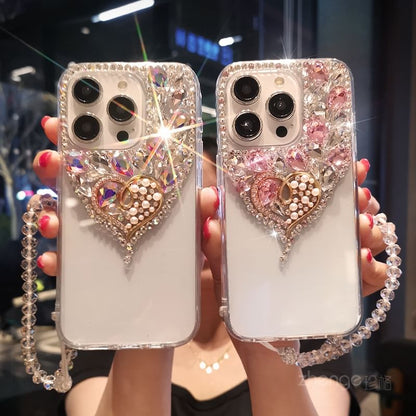 Heart Rhinestone Faux Pearl Phone Case with Strap