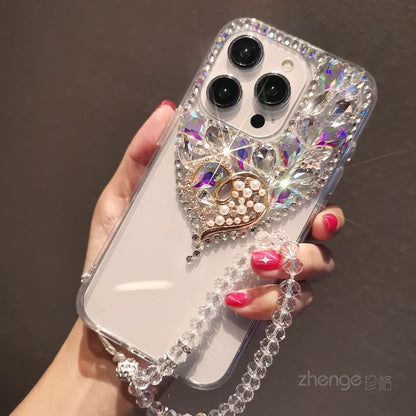 Heart Rhinestone Faux Pearl Phone Case with Strap